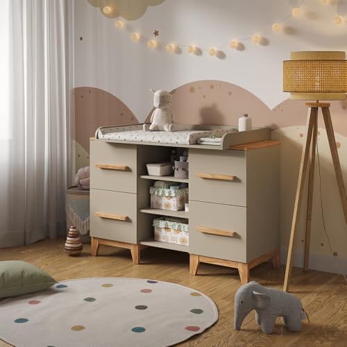 VitaliSpa Table à Langer Malia, Cachemire/Artisan, 133x98cm XL avec 4 tiroirs, avec Plan à Langer Amovible pour Une Utilisation comme Commode