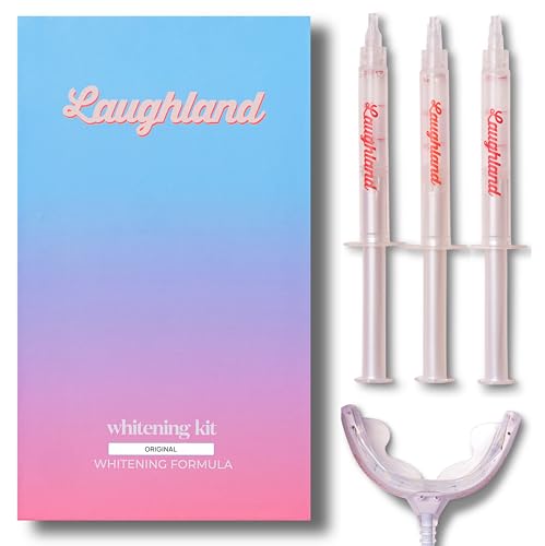 Laughland Original Teeth Whitening Kit Phone-Powered LED Mouthpiece & 3 Whitening Gel Syringes 8% Hydrogen Peroxide Aloe Vera & Mint for Sensitive Teeth At-Home Dental Care 6+ Treatments