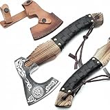 Viking Axe Ashwood Handle Handmade Carbon Steel Blade, Outdoor Camping Hunting, Norse Hatchets Axes, with Black Leather Wrapped Handle & Leather Sheath Wood Splitting Axes