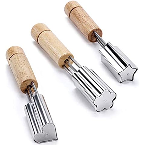 Goeielewe 3-Pack Vegetable and Fruit Cutter Shapes Set, Mini Pie, Stainless Steel Cookie Stamps Mold with Wood Handle, Cookie Cutter Decorative Food for Baking Crafts - Flower, Heart, Star Cover