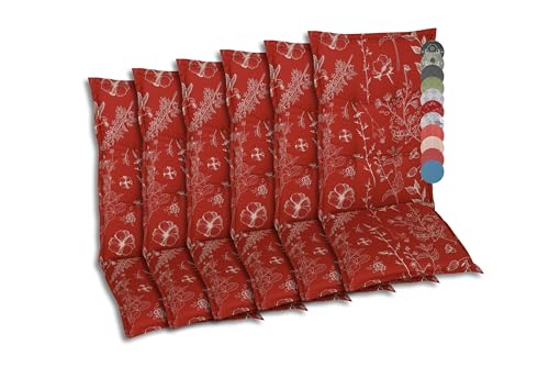 GO-DE Textil Bequeme und attraktive Polsterauflagen für Mittellehner-Gartenstühle (6er-Set, Design: Floral Rot)