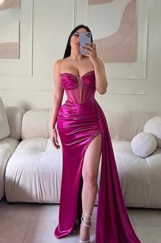 Strapless Mermaid Satin Beaded Prom Dresses Long Slit Ruched Corset Formal Evening Gown Bridesmaid Dresses for Women3