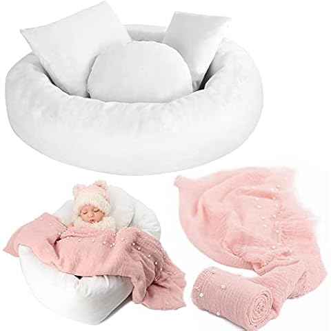 Newborn Photography Props, SPOKKI 5PCS Baby Photoshoot Set with Photo Donut, Pillow and Infant Long Ripple Wrap Props for Boy Girl Princess Twins Birthday Party (B) Cover