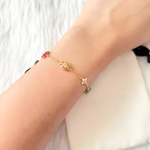 18K Gold Plated Ladybug Bracelet, Luck Garden Four Leaf Clover Flower Bracelet, Ladybug Gifts Ladybug Lover Gifts3