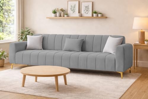 Image of Casaliving Velour Modern Velvet Sofa, Tufted Design Upholstered 3 Seater Sofa Set for Living Room, (Dark Grey Colour) Premium Velvet Fabric Sofa
