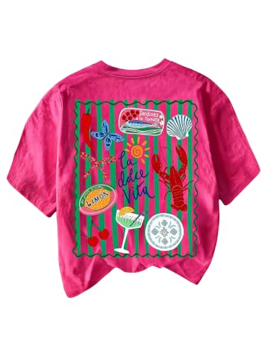 Image of RoseSeek Women's Graphic Letter Tee Crew Neck Trendy Summer Vintage T Shirt