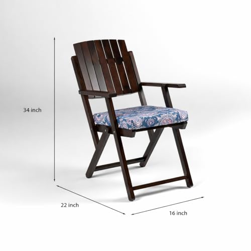 Image of WELL KNOWN Set of 2 Wooden Folding Chairs, Blue Cushion | Cushion Seat & Armrests, Walnut Finish Solid Wood, Patio, Balcony & Garden, Space Saving, Indoor Outdoor Furniture