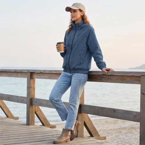 Women Windbreaker Jacket Full Zip Light Weight High Neck Hooded Raincoat - image 2