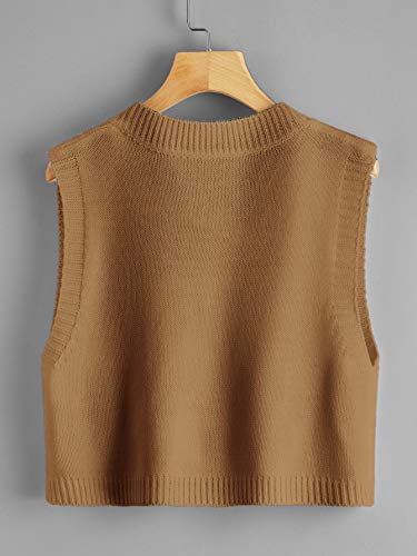 Romwe Women's Knit Sweater Vest Women Crop Y2K Sweater Vests V Neck Sleeveless Jk Uniform Pullover Knitwear Tops Brown S #TOP1