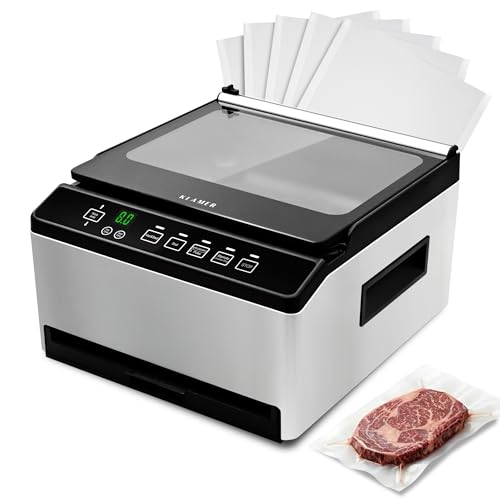 KLAMER Vakuumiergerät Kammer Edelstahl 98 kPa Profi Kammervakuumierer Marinier-Funktion Feuchte Lebensmittel Glasdeckel Einstellbare Vakuumzeit & Schweißzeit Perfekt für Sous Vide