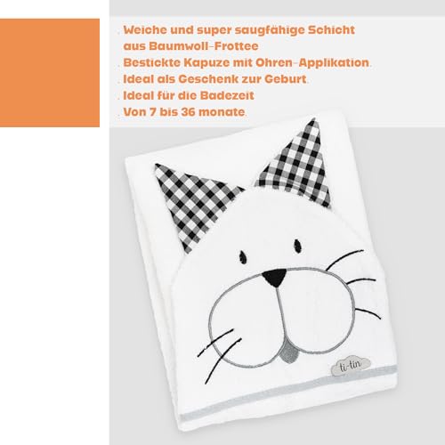 Ti TIN Baby-Badetuch mit Kapuze und Kätzchenohren, schwarz, 100 x 100 cm, Frottee aus 90% Baumwolle, extra weich und saugfähig, trocknergeeignet