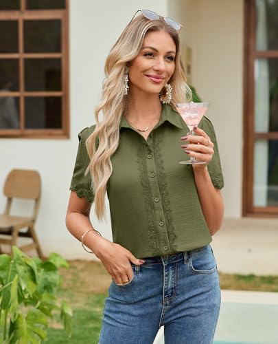 Image of siliteelon Womens Summer Button Down Lace Blouses Lapel Trim Dress Casual Shirts 2026 Fashion Business Short Sleeve Tops