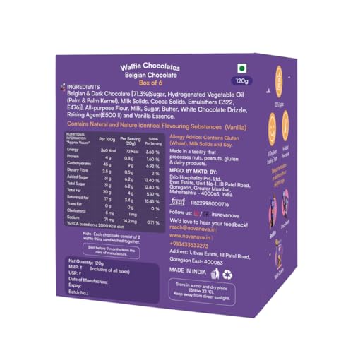 Image of Nova Nova Belgian Waffle Chocolates - Box of 6 - Vegetarian, 100% Eggless | No Added Preservatives (120g)