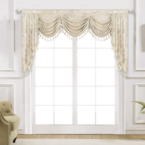 TOPLUXE Cenefa para Ventanas, Cenefa de Cascada de Damasco con Borlas, Cortina Corta para Dormitorio Salón Cocina (Ancho 200cm, Beige)
