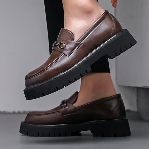 Image of Mens Patent Leather Slip-On Platform Dress Horsebit Loafer Low Heels Round Toe Non-Slip Penny Shoes for Formal Business Wedding