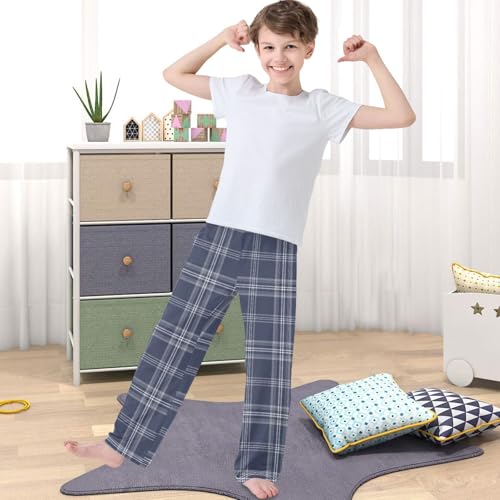 Boy's Pants Plaid Blue Grey Jogger Pants Elastic Waist Long Bottoms Trousers with Pockets 6-14 Years4
