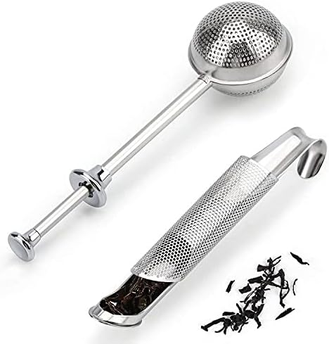 2 Pack Stainless Steel Tea Strainer Infuser - 1 X Mesh Ball Shape Tea Filter, 1 X Cylindrical Mesh Tea Strainer with Long Handle and High Temperature Resistance for Loose Leaf Tea, Spices, Seasonings