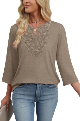 Image of WIHOLL 3 /4 Length Sleeve Womens Tops Boho V Neck Lace Shirt Trendy Blouses Dressy Casual Vacation Clothes S-3XL