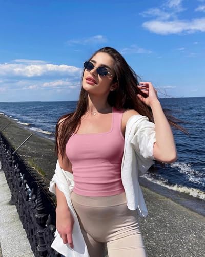 Image of OQQ Womens 2 Piece Crop Tops Rueched Sleeveless Square Neck Stretch Basic Tank Shirts
