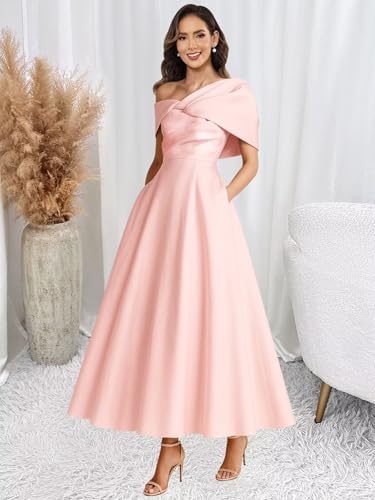 One Shoulder Mother of The Bride Dresses for Women Tea Length Satin Wedding Guest Dresses with Pockets2