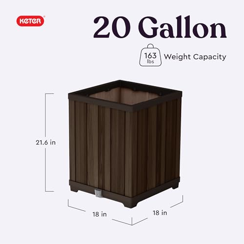 Image of Keter Signature 21.6 Inch Tall Square Large Wood Look Planter for Indoor or Outdoor Flower Pot Ideal for Patio Deck and Front Porch Decor, Rosewood