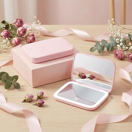 Miroir de maquillage LED rose x5 rechargeable portable rectangulaire