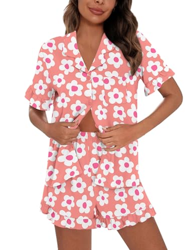 Image of SWOMOG Woman Pajama Set Short Sleeve Pjs Set 2Pcs Short Pajamas Button Down Ruffle Hem Sleepwear Soft Modal Loungewear
