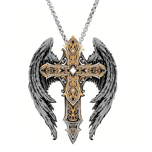 Gothic Angel Wing Necklace Vintage Cross Wing Pendant Necklace Gold Silver Punk Style Angel Wing Cross Necklace Goth Necklace for Women and Men