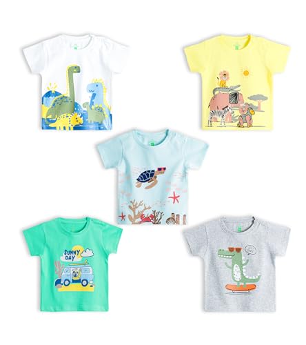 Image of YUV Infant Baby Boys & Girls 100% Cotton Printed Multicolor Half Sleeve T Shirts - 0 to 24 Months Babies, Pack of 5