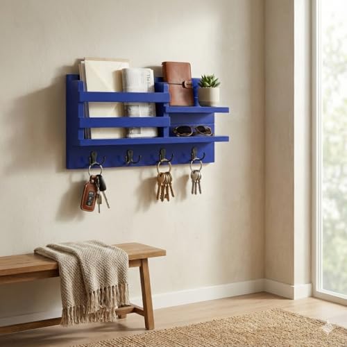 Image of Key Holder for Wall with Mail Shelf & 4 Hooks | Engineered Wood (Blue, Elegant Mail Organizer - 35.5 x 9 x 23 cm)
