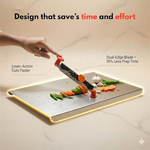Image of Stainless Steel Chopping Board Large with Attached Knife, 36x31 cm Steel Cutting Board for Kitchen, Heavy Duty Cutter Board for Vegetable & Fruit Cutting