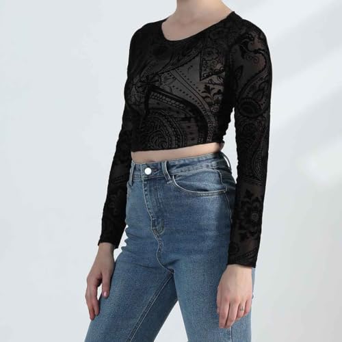 Image of ICW Women Long-Sleeves Round Neck Net Printed Transparent Mesh Sheer Crop Top T-Shirt DN38(Mix Print)