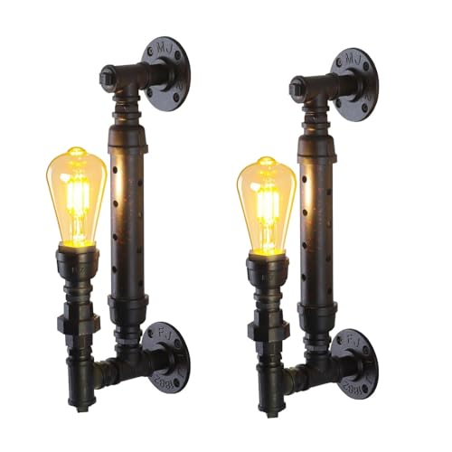 Image of Farmhouse Antique Wall Sconce Set of 2 Rustic Vintage Steampunk Water Pipe Sconce Lights E26 Industrial Wall Mount Lamp Gothic Lighting Fixture Rustic Wall Lighting for Living Room Hallway Bar