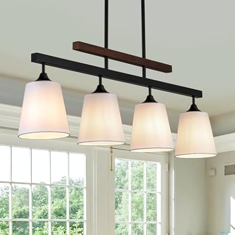 Farmhouse Dining Room Light Fixture Over Table, 4-Light Kitchen Island Lighting, Rustic Wood Linear Chandeliers with White Fabric Shade, Matte Black Hanging Pendant Light Fixtures Cover