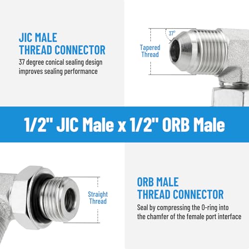 Image of 5 Pack 90 Degree Elbow Hydraulic Hose Fittings: 1 /2 inch JIC 37 Male x #8 SAE /ORB Male, Hydraulic End Connectors with Protection Cover - 6801-08-08