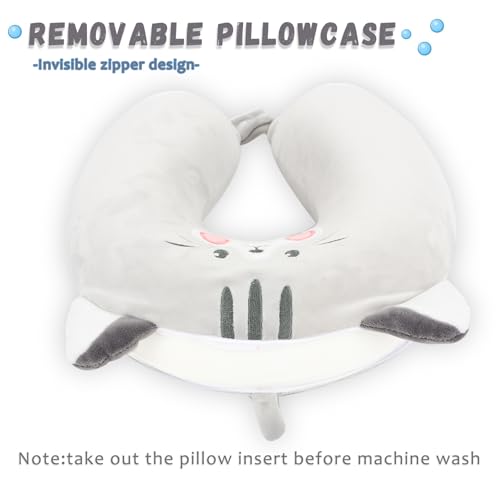 Image of Travel Pillow, Kids Travel Pillow with Sleep Eye Mask Soft Memory Foam Kids Neck Pillow for Boys & Girls, Travel Accessories for Car Airplane Traveling - Grey Cat