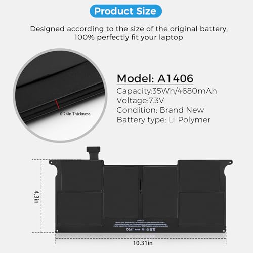 Image of A1465 Battery,A1406 Battery Replacement for MacBook Air 11 inch A1370 (Mid 2011) A1495(Mid 2011 2012 2013 Early 2014 2015) (Upgraded High Performance 35Wh 7.3V 4680mAh)