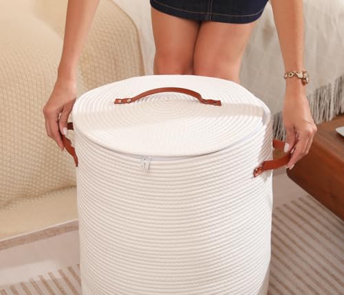 16"x20" Extra Large Cotton Rope Basket with Zipper Lid, Woven Laundry Hamper and Blanket Storage Basket, Round Clothes Bin for Living Room Bedroom, White by Cottonphant - Image 5