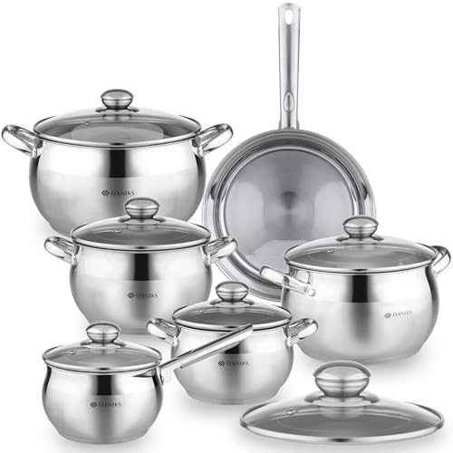 Image of Daniks Classic Stainless Steel Kitchen Induction Pot Cookware Set | 12-Piece | Dishwasher Safe Pots with Lid | Saucepan + Frying Pan + Pots | Measuring Scale | Silver