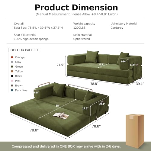 MoonSpeak 78.8''Sleeper Couch Bed for Livingroom,Convertible Modular Sofa with Armrest Pillow,Modular Foldable Corduroy Couches in a Box,No Assembly (Green) - Image 2