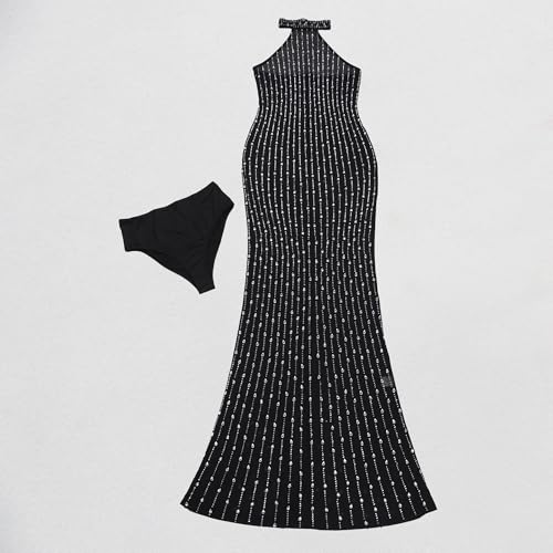 Image of Jigfar Women Sexy Elegant Rhinestone Mesh See Through Party Club Night Split Bodycon Formal Maxi Dress