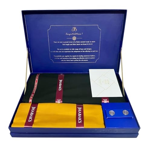 Image of JHABAK'S Men's 100% Pure Cotton Unstitched 1.7 Meters Shirt Piece - 3.25 Meters Suit Fabric Set with Cufflinks (Multicolour, All Weather Fabric, Attractive Box)