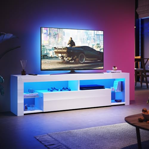 SUNXURY LED TV Lowboard Weiß, TV Schrank 180cm mit 16 Led Farben Beleuchtung TV Board mit Glasböden Hochglanz 180 x 35 x 50,5 cm