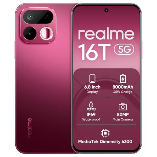 Image of realme 16T 5G Smartphone 8GB+128GB, 8000mAh Battery,45W Fast Charging, 6.8 inch 144Hz Display,Rear 50MP+Front 16MP, Dimensity 6300, IP69, AI Camera, Red