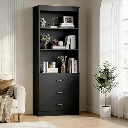 Image of 70 inch H Black Bookshelf with Drawers, Tall Bookcase with 3-Tier Open Shelves, Bookshelf and Bookcase with Storage Cabinet for Home Office,Living Room(Black,6-Tier)