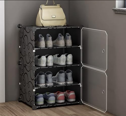 Image of AYSIS 𝟒 𝐒𝐡𝐞𝐥𝐟 DIY Shoe Rack Box Organizer | Multi-Purpose Plastic Shoe Rack for Home | Home Storage Shoe Rack with Door for Entryway, Chappal Slipper Sandals Shoe Stand【Black, 4-Shelf-2-Door】