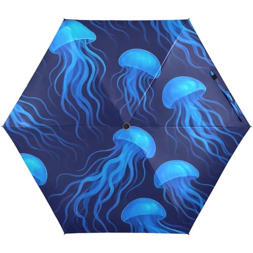 RPLIFE Regenschirm, leicht, langlebig, Sonnenschirme für Damen, Reise-Regenschirme für Sonne, blaue Quallen, Dunkelblau