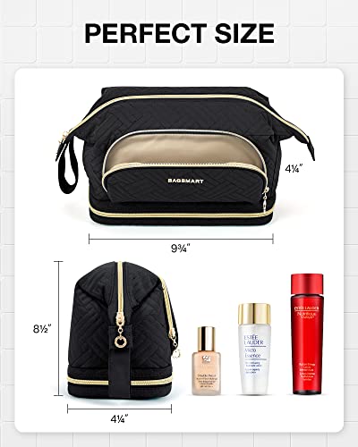 Image of BAGSMART Travel Makeup Bag, Cosmetic Bag Make Up Organizer Case, Large Wide-open Pouch for Women Double Layers Purse for Toiletries Accessories Brushes Black