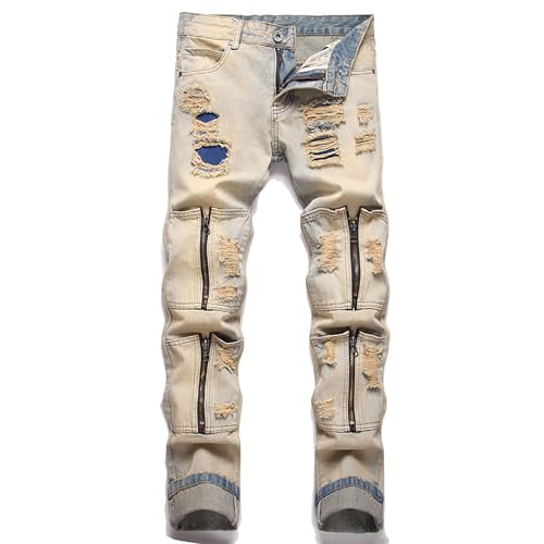 Men's Denim Jeans, Slim Fit Punk Stretch Jeans, Vintage Ripped Zipper Style, Multi-Pocket Design,32