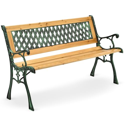 Juskys Gartenbank Pisa - 2-Sitzer Holzbank mit Armlehnen & Rückenlehne - wetterfeste Sitzbank 122x54x73 cm - Seitenelemente aus Gusseisen